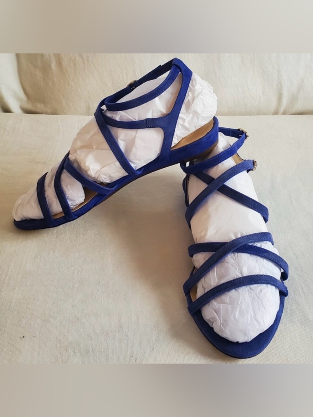 J.Crew Emmaline Sandal Blue Suede Mini Wedge Pointed Toe Strappy Flat Sandal 6 - Picture 2 of 7